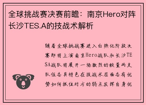 全球挑战赛决赛前瞻：南京Hero对阵长沙TES.A的技战术解析
